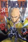 "ONE-PUNCH MAN", "34". Ein glatzköpfiger Held in gelbem Anzug und rotem Handschuh mit kleinem, düsterem Wesen im Vordergrund.