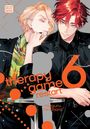 Text: "therapy game restart 6", "meguru hinohara", "EXPLICIT CONTENT". Zwei stilisierte Männer, einer blond, der andere rotbraunhaarig.