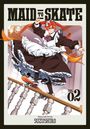 „MAID TO SKATE, Vol. 02“: Illustration mit einem rothaarigen Dienstmädchen, das auf einem Skateboard einen Handlauf hinunterfährt.