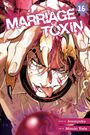 „MARRIAGE TOXIN 16“. Illustration eines Mannes mit blutigem Gesicht und herausgestreckter Zunge. Dynamische Farben.