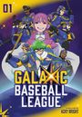 „01 GALACTIC BASEBALL LEAGUE“. Illustration von Baseballspielern in blauen Uniformen mit futuristischen Details.