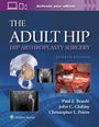 "The Adult Hip: Hip Arthroplasty Surgery, Fourth Edition" Text in Weiß, blaue und violette Hintergründe, medizinische Bilder.