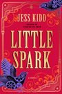 "Jess Kidd, Author of Things in Jars. Little Spark. A Novel." Rot mit goldener Schrift, verziert mit Vögeln und Mustern.