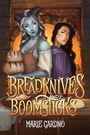 "BREADKNIVES AND BOOMSTICKS" von Marle Cardno. Zwei Frauen, eine blauhäutig mit Hörnern, die andere mit dunklem Haar, stehen vor einem Ofen.