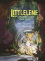 Titel: Littlelene The Sunshine Fairy of the Dark Forest. Illustration: Kleine, lächelnde Fee im Wald mit leuchtendem Kleid.