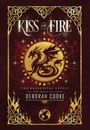 "Oberer Text: KISS OF FIRE. Goldener Drache, keltische Muster, Flammen und Sterne."