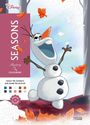 „SEASONS“, „Mystery Colouring“, „Colour the numbers and reveal the picture!“ Ein fröhlicher Schneemann wirft Laubblätter.