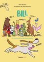 Titel: "Bill". Untertitel: "Un chien doué qui sait même miauler". Illustration von vielen Tieren und einem Hund, der "MIAOUU" sagt.