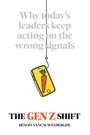 "Why today's leaders keep acting on the wrong signals." Illustration: Smartphone am Haken, zeigt Karotte. "THE GEN Z SHIFT" von Benoit Vancauwenberghe.