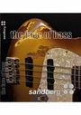 Text: "the face of bass" und "sandberg". Zeigt eine Nahaufnahme eines Vintage-Basses mit abgenutzter Oberfläche.