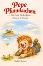 „Pepe Pfannkuchen“, ein fröhlicher Clown zeigt auf eine Banane, dahinter eine kleine Insel mit einer Hütte.