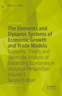 Text: "The Elements and Dynamic Systems of Economic Growth and Trade Models; Volume 1, Second Edition." Grüner geometrischer Hintergrund.