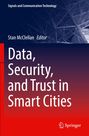 Titel: "Data, Security, and Trust in Smart Cities", Herausgeber: Stan McClellan. Logos oben und unten, Netzstrukturhintergrund.