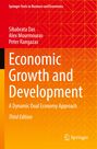 Titel: "Economic Growth and Development" - Autoren: Sibabrata Das, Alex Mourmouras, Peter Rangazas. Geometrisches Design in Rot-Orange.