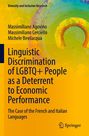 "Linguistic Discrimination of LGBTQ+ People" Buchcover, gelb mit abstraktem, buntem Muster und dem Springer-Logo.