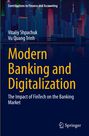 "Modern Banking and Digitalization" vor Stadt-Silhouette und nächtlichem Himmel, Beitrag zu FinTech, Verlag-Signet unten.