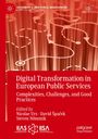 Titel: Digital Transformation in European Public Services. Untertitel: Complexities, Challenges, and Good Practices. Rotes abstraktes Muster im Hintergrund.