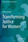 Titel: "Transforming Justice for Women", Autor: Sharon Duignan. Silhouetten von Personen in Blau- und Grüntönen.