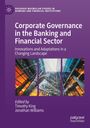 Buchtitel „Corporate Governance in the Banking and Financial Sector“, violette Gestaltung, moderne Gebäudefotos.