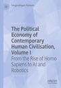 Text: The Political Economy of Contemporary Human Civilisation, Volume I. Blaues geometrisches Hintergrundmuster.