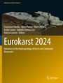 Titel: Eurokarst 2024. Oben eine Illustration eines Karstgebiets, unten goldener Hintergrund.