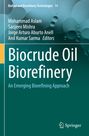 „Biocrude Oil Biorefinery: An Emerging Biorefining Approach“ steht zentral. Hintergrund in Blaugrün mit Blasen.
