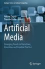 Text: "Artificial Media: Emerging Trends in Narratives, Education and Creative Practice". Finger zeigt auf unscharfe Quadrate.