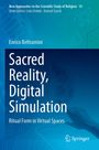 Titel: "Sacred Reality, Digital Simulation" von Enrico Beltramini. Wissenschaftlich gestalteter blau-türkiser Hintergrund.