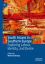 Buchtitel: "South Asians in Southern Europe: Exploring Labour, Identity, and Desire", bearbeitet von Reena Kukreja. Abstraktes Kunstwerk in warmen Farben.