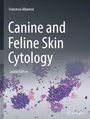 "Canine and Feline Skin Cytology, Second Edition" von Francesco Albanese. Unten sind lila Mikroskop-Aufnahmen von Zellen.