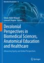 "Decolonial Perspectives in Biomedical Sciences, Anatomical Education and Healthcare" auf blauem Hintergrund mit Wirbelsäule.
