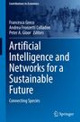 "Artificial Intelligence and Networks for a Sustainable Future. Connecting Species." Oben Menschen und Gebäude in Blau.