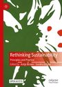 Titel: "Rethinking Sustainability: Principles and Practice"; grüne und weiße abstrakte Muster mit roten Akzenten, Logo oben links.