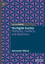 "The Digital Frontier: Platforms, Conflicts, and Diplomacy" von Alessandra Massa. Muster aus lila und blauen geometrischen Formen.