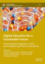 "Digital Education for a Sustainable Future." Bunte Kugeln in einem Labyrinth-Design auf einem orangefarbenen Hintergrund.