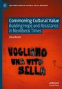 Text: "Commoning Cultural Value: Building Hope and Resistance in Neoliberal Times" von Alice Borchi. 
Graffiti auf rotem Hintergrund.