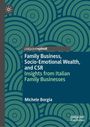„Family Business, Socio-Emotional Wealth, and CSR“ von Michele Borgia. Blauer Hintergrund mit grünen Kreisen.