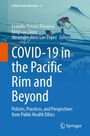 Titel: "COVID-19 in the Pacific Rim and Beyond". Illustration: Menschen ziehen ein Netz vor einem Berg.