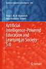 Text: "Artificial Intelligence-Powered Education and Learning in Society 5.0." Oben blaue Muster, unten rote Struktur.