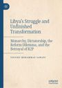 Text: "Libya's Struggle and Unfinished Transformation: Monarchy, Dictatorship, the Reform Dilemma, and the Betrayal of R2P." Autor: Youssef Mohammad Sawani. Beige Hintergrund, blaues Logo links oben.