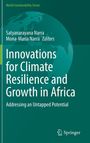 Buchtitel: "Innovations for Climate Resilience and Growth in Africa" auf grünem Hintergrund mit Weltkartensilhouette.