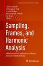 Text: Sampling, Frames, and Harmonic Analysis. Orange Hintergrund mit gebogenen Linien und einem Quadrat oben links.