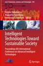 Text in Weiß auf rotem Hintergrund: "Intelligent Technologies Toward Sustainable Society." Oben sind drei Fotos: Gebäude und Satellitenschüsseln.