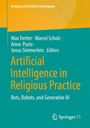 Text: "Artificial Intelligence in Religious Practice: Bots, Robots, and Generative AI." Farben: Türkis und Gelb. Springer-Logo.