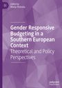 Der Text beschreibt gendergerechte Budgetierung in Südeuropa. Violetter Hintergrund mit geometrischem Muster und Logo.