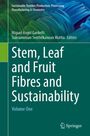 "Stem, Leaf and Fruit Fibres and Sustainability, Volume One." Oben links: "Sustainable Textiles: Production..." Unten rechts Logo. Hintergrund: grün-blaues Muster.