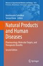 „Natural Products and Human Diseases: Pharmacology, Molecular Targets, and Therapeutic Benefits“. Blaue und orange Farbgestaltung.