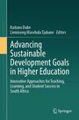 Titel: Advancing Sustainable Development Goals in Higher Education. Dunkelgrüner Hintergrund mit gelbem Streifen.