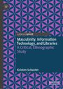 „Masculinity, Information Technology, and Libraries“ in Weiß auf blauem Hintergrund. Geometrisches Muster in Lila.