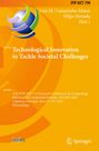 "Technological Innovation to Tackle Societal Challenges" vor orangefarbenem Hintergrund mit abstrakten Formen und einem Logo.